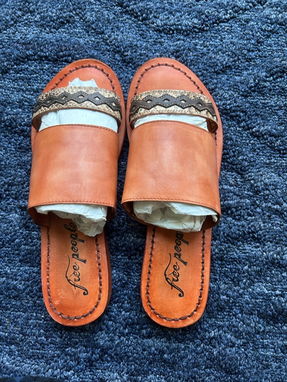 Free People Cognac Leather Slide Mules sandals with Embroidered Strap Size 8